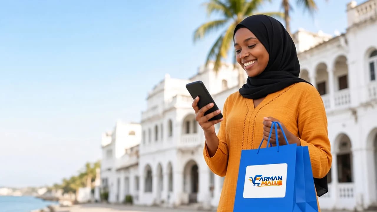Customer shopping on Farman Mall with a Farman Mall shopping bag in Zanzibar